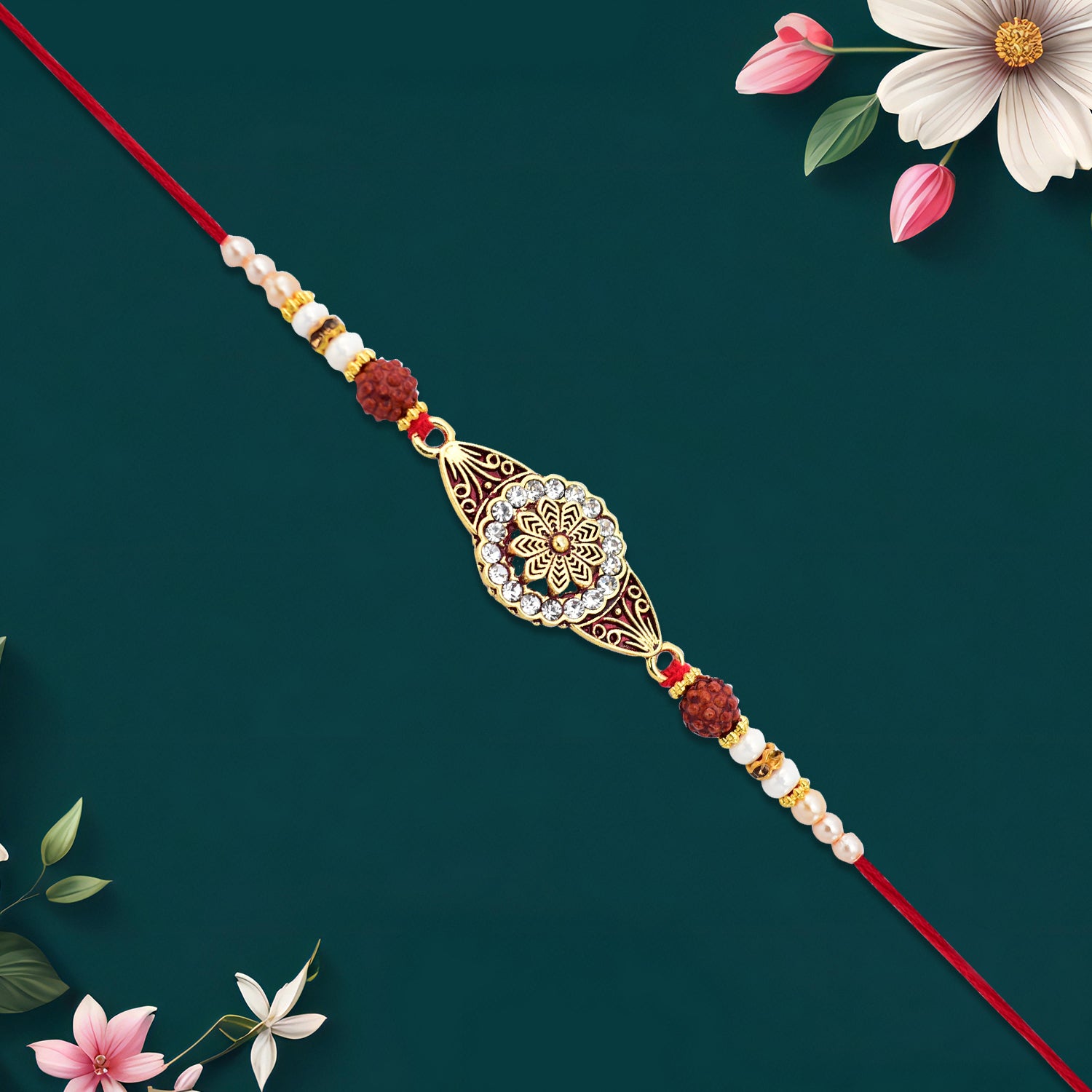 Rudraksha Rakhi With Stone-studded Mandala Design Rudraksha Rakhi With Stone-studded Mandala Design